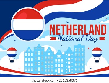 Happy Netherlands National Day Vector Illustration featuring the Netherlands Flag and a Sky Blue Background in a Flat Cartoon Style Design