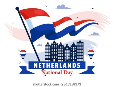 Happy Netherlands National Day Vector Illustration featuring the Netherlands Flag and a Sky Blue Background in a Flat Cartoon Style Design