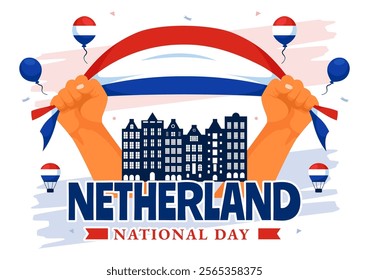 Happy Netherlands National Day Vector Illustration featuring the Netherlands Flag and a Sky Blue Background in a Flat Cartoon Style Design