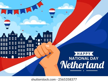 Happy Netherlands National Day Vector Illustration featuring the Netherlands Flag and a Sky Blue Background in a Flat Cartoon Style Design