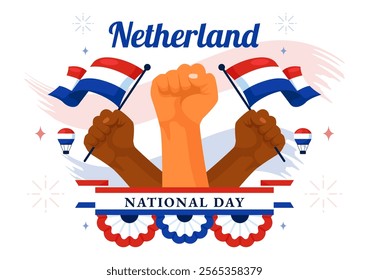 Happy Netherlands National Day Vector Illustration featuring the Netherlands Flag and a Sky Blue Background in a Flat Cartoon Style Design