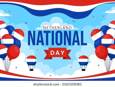 Happy Netherlands National Day Vector Illustration featuring the Netherlands Flag and a Sky Blue Background in a Flat Cartoon Style Design