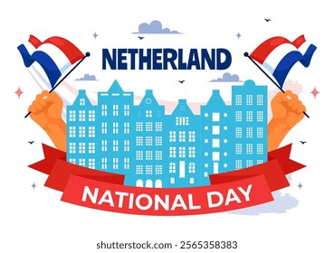 Happy Netherlands National Day Vector Illustration featuring the Netherlands Flag and a Sky Blue Background in a Flat Cartoon Style Design