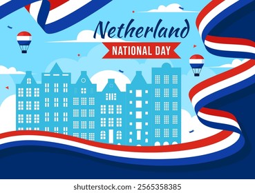 Happy Netherlands National Day Vector Illustration featuring the Netherlands Flag and a Sky Blue Background in a Flat Cartoon Style Design