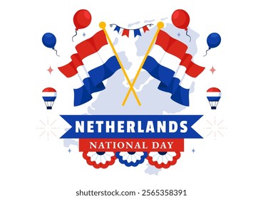 Happy Netherlands National Day Vector Illustration featuring the Netherlands Flag and a Sky Blue Background in a Flat Cartoon Style Design