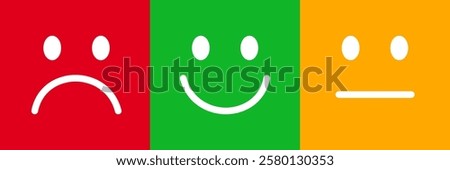 Happy, neutral and sad emoticons faces, customer reviews sign, rating service, good client satisfaction, user experience best customer feedback - vector