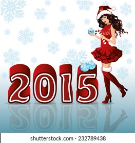 Happy New 2015 Year background with Santa girl, vector 