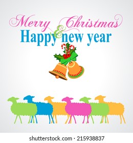 Happy new 2015 year. Seasons Greetings. Colorful design.  Flock of sheep. Vector illustration.