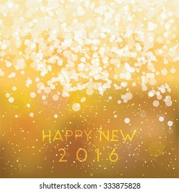 Happy New 2016 greeting card template. Blurred abstract background with golden lights. EPS10 file. Gradient mesh and transparency effects used.