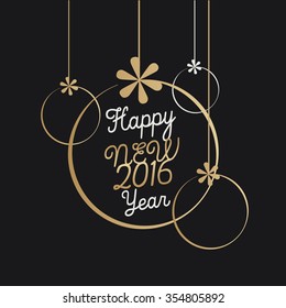 Happy New 2016 Year background calligraphic typography lettering. Greeting card template with golden hanging ornamental frames isolated on dark background
