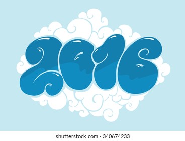 Happy new 2016 year, bubble styled lettering. Typographic illustration for calendar. Inscription for cards. Blue colors.