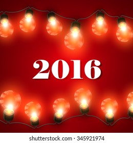 Happy New 2016 Year. Christmas Lights. Vector Holiday Illustration of Luminous Electric Garland