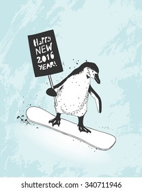 Happy New 2016 Year congratulation card. Penguin snowboarder with banner