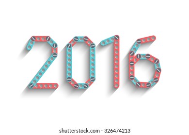 Happy new 2016 year. Creative design with metal constractions and screws . Vector illustration for your design