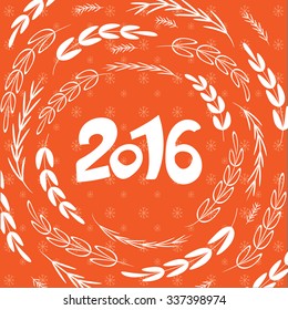 Happy New 2016 year poster template. Stylish greeting card background.Orange decorative holiday backdrop. New Years party invitation with round botanical decoration. Vector Christmas design