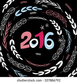 Happy New 2016 year poster template. Stylish greeting card background. Pink and blue decorative holiday backdrop. New Years party invitation with round botanical decoration. Vector Christmas design