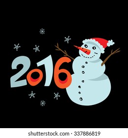 Happy New 2016 year poster template. Stylish greeting card background. Decorative holiday backdrop. New Years invitation with happy snowman on black. Vector Christmas design 