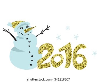 Happy New 2016 year poster sparkle template. Stylish golden glitter greeting card background. Decorative holiday shiny backdrop. New Years invitation with happy snowman. Vector Christmas design