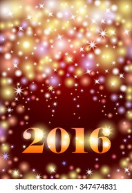 Happy New 2016 Year. Seasons greetings, colorful fireworks design. Abstract bokeh background with lights, shining stars and bright glow on purple