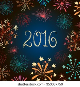Happy New 2016 Year. Seasons greetings, colorful fireworks design. Vector illustration