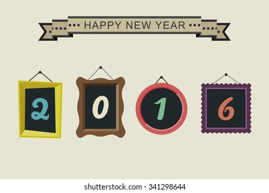 Happy new 2016 year with simple vector photo frames in flat style.