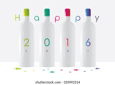Happy New 2016 Year vector illustration concept with with white wine bottles and colorful number design labels