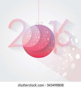 Happy New 2016 year vector illustration with numbers decoration and hanging christmas ornament or disco ball as zero in pink and purple hues