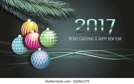 Happy new 2017 year background-card,with pine branches & glossy ,colored 3d balls