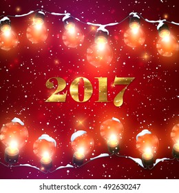 Happy New 2017 Year. Christmas Lights. Vector Holiday Illustration of Luminous Electric Garland, Snow And 2017 Label With Golden Paint Texture. Shiny light Bulbs And Sparkles
