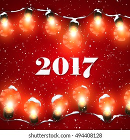 Happy New 2017 Year. Christmas Lights. Vector Holiday Illustration of Luminous Electric Garland, Snow And 2017 Label. Shiny Christmas Light Bulbs And Snow
