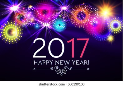 Happy New 2017 Year with Colorful Fireworks. Vector illustration