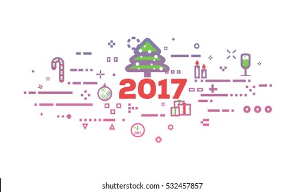 Happy new 2017 year flat line concept banner. New-year objects in red and pink gradient colors. Abstract lines, dots and objects.
