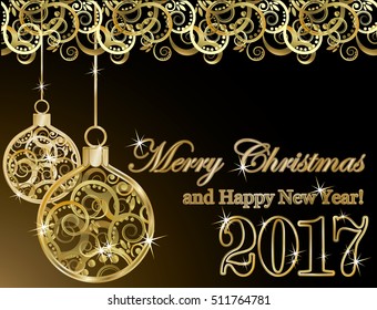 Happy new 2017 year golden card, vector illustration
