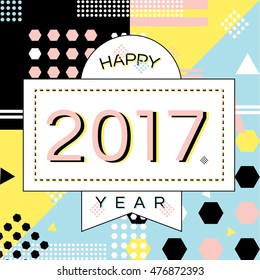 Happy New 2017. year greeting card with typographic sign in colorful fun trendy memphis style from the 80`s
