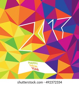 Happy New 2017 Year Greetings. Typography Design. New Year Card Template. Simple Colorful Design. Colorful Low Poly Pattern Background