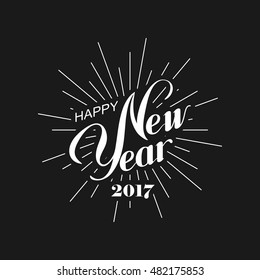 Happy New 2017 Year. Holiday Vector Illustration With Lettering Composition.  Label And Star Burst