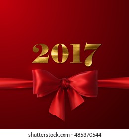 Happy New 2017 Year. Holiday Vector Illustration Of 2017 Label With Golden Paint Texture And Red Satin Ribbon And Bow