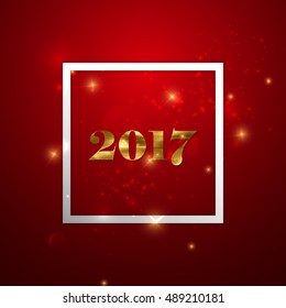 Happy New 2017 Year. Holiday Vector Illustration Of Happy New 2017 Year Label With Golden Paint Texture And Shiny Sparkles, Glitters And Stars