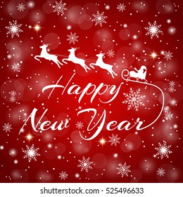 Happy New 2017 Year. Holiday. Red background with snowflakes and bright glare. Calligraphy and Santa Claus in a sleigh with reindeer. Vector illustration flat design.