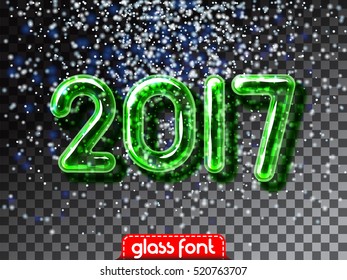 Feliz Año Nuevo 2017. Fuente de vidrio realista con transparencia y sombras. Bombilla 3D 2017 aislada de números verdes en el fondo de la nevada