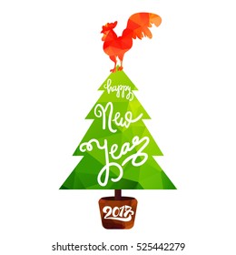 Happy New 2017 Year Lettering in Christmas Tree With Cock. Winter holiday illustration. Xmas Design Label Elements for invitation, greeting card, title, sticker, emblem, print, magnet. Vector