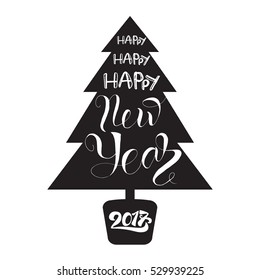 Happy New 2017 Year Lettering in Christmas tree. Winter holiday illustration. Xmas Design Label Elements for invitation, greeting, card and headline, title, sticker, emblem, print, magnet. Vector