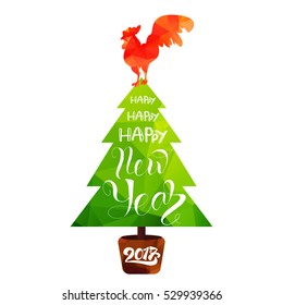 Happy New 2017 Year Lettering in Christmas Tree With Cock. Winter holiday illustration. Xmas Design Label Elements for invitation, greeting card and title, sticker, emblem, print, magnet. Vector