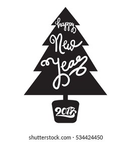 Happy New 2017 Year Lettering in Christmas tree. Winter holiday illustration. Xmas Design Label Elements for invitation, greeting, card and headline, title, sticker, emblem, print, magnet. Vector