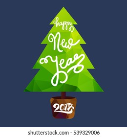 Happy New 2017 Year Lettering in Christmas tree. Winter holiday illustration. Xmas Design Label Elements for invitation, greeting, card and headline, title, sticker, emblem, print, magnet. Vector