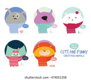 Happy New 2017 Year and Merry Christmas Set. Cute and Funny Animals wrapped in a scarf congratulates all of the holidays. Circle cut. Good for greeting card, holidays poster, labels or banners.