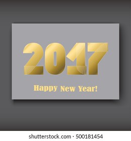 Happy New 2017 Year, modern design gold on gray background, year 2017 in thin lines striped minimalist, numbers written with a pen, vector illustration