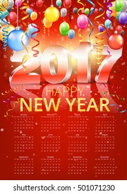 Happy New 2017 Year red colored template. Week starts from sunday. Vector background