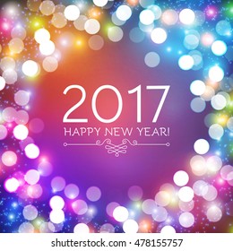 Happy New 2017 Year. Seasons Greetings. Snowflakes ans Light Garlands. Colorful Winter Background. Vector illustration