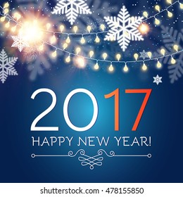 Happy New 2017 Year. Seasons Greetings. Snowflakes ans Light Garlands. Colorful Winter Background. Vector illustration